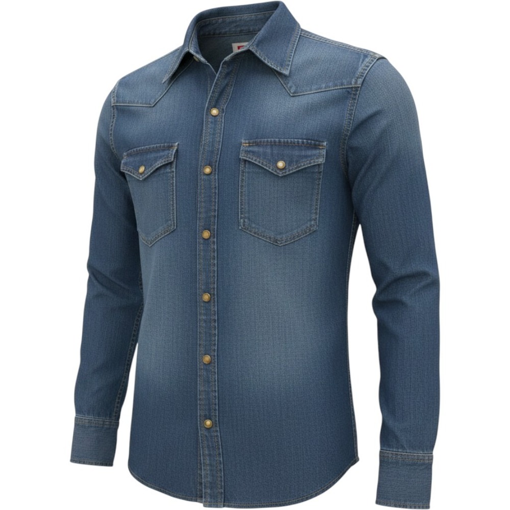 Wrangler Unisex Blue Denim Western Button Down Shirt, Dark Wash, Cotton, SMALL